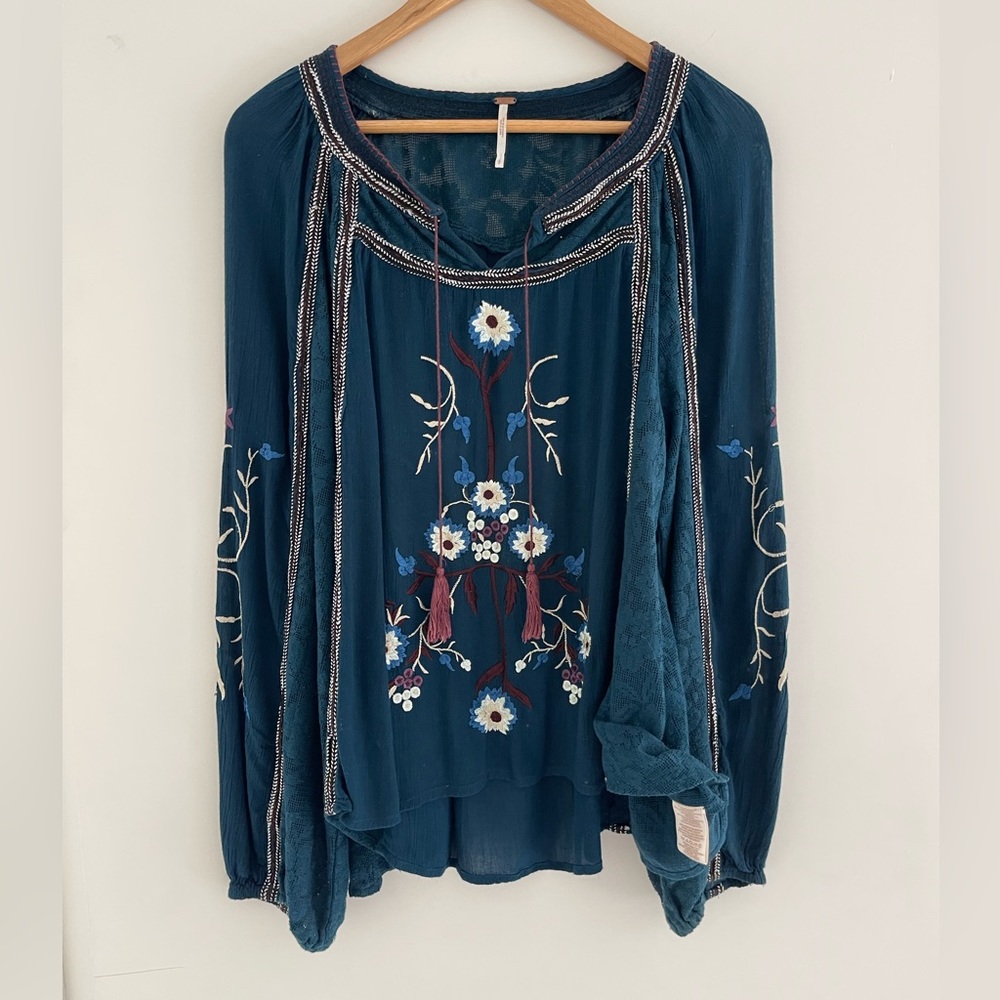 Free People Tiger Lily Peasant Blouse Small Teal Blue 🦚 - Picture 7 of 11